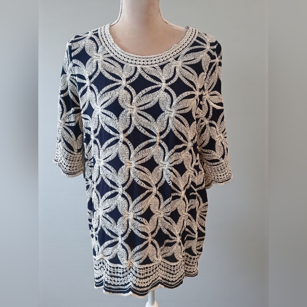 Solitaire Blue White Embroidered Blouse Plus 1x Coastal Beach Floral Boho Modest